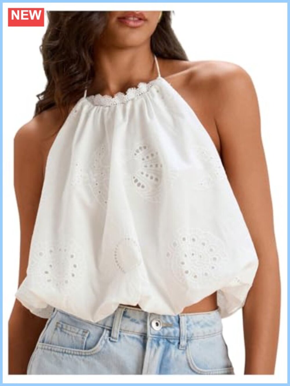 Eyelet Embroidery Halter Crop Top Sleeveless Tie Backless Bubble Hem